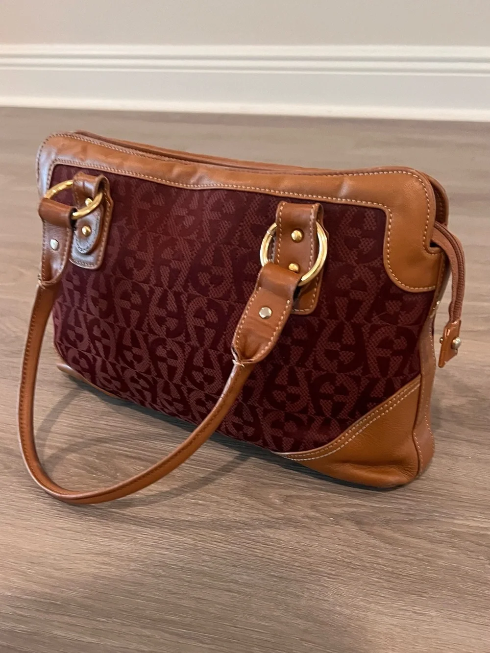 Etienne Aigner Burgundy and Tan Signature Shoulder Bag